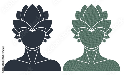 Stylized silhouette of a woman with floral headdress, representing nature and serenity