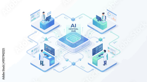 Isometric AI Healthcare Platform with Doctors Using Medical Technology, Central Hub Data Network, Digital Health Innovation Concept, Blue Green Tech Illustration