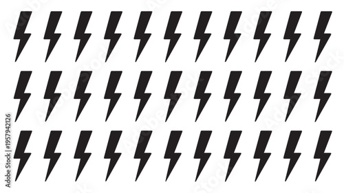 A grid of thirty black lightning bolt icons, symbolizing energy, power, and electricity, arranged in neat rows and columns