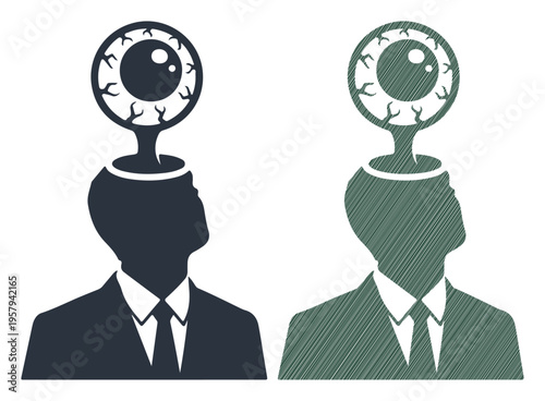 Two stylized figures with watchful eyes emerging from their heads, symbolizing perception and awareness.