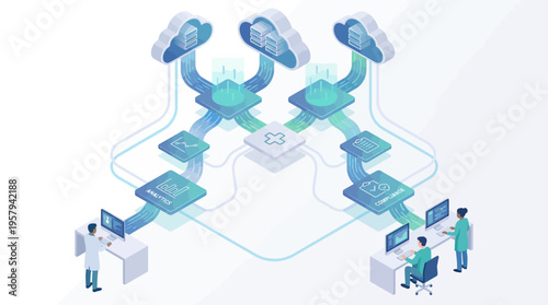 Isometric Healthcare Cloud Computing Platform with Medical Data Analytics, Doctors Using SaaS Technology for Patient Care and Hospital Digital Transformation