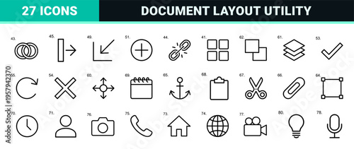 Professional Typography Editor and Document Formatting Interface Icon Set in Minimalist Monoline Geometric Line Art Style