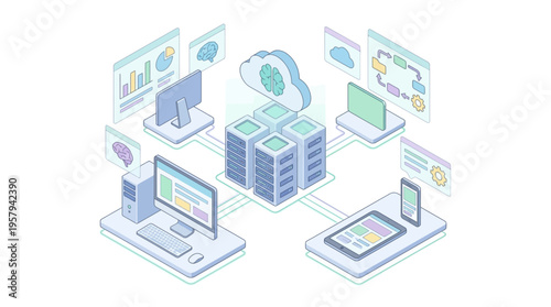 Isometric Healthcare SaaS Platform with Cloud AI Technology, Medical Data Analytics Dashboard, Hospital Management Software System, Digital Health Innovation Network