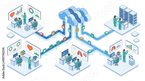 Isometric Healthcare Cloud Computing Platform Medical Data Management System with Doctors Analyzing Patient Records and Hospital Network Infrastructure