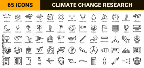 Atmospheric air flow and wind meteorology line art symbols for climate science and sustainable energy ventilation systems.