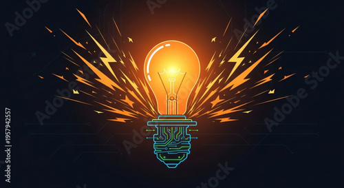 Glowing light bulb with electric sparks and rays on dark background symbolizing ideas and innovation