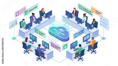AI Healthcare Technology Isometric Office with Medical Data Cloud Analytics Team Working on Digital Health Platform