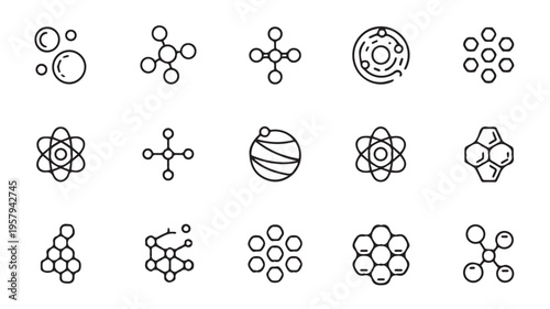 Elegant set of black and white line icons showcasing various molecular structures, atomic models, and scientific concepts for user interface design