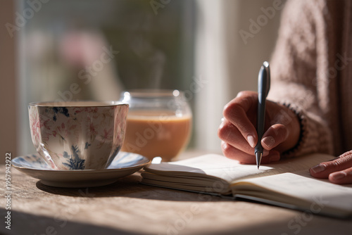 Person writes in notebook while sitting at a table with a cup of coffee and a glass of drink in a bright room during the daytime