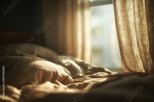 Soft morning light shines through sheer curtains onto an unmade bed in a cozy room with a warm atmosphere