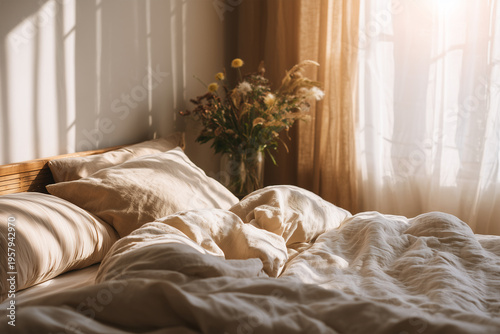 Soft light shines through curtains onto a bed with wrinkled sheets and flowers in a vase during morning time in a cozy room