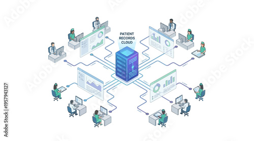 Isometric Healthcare Cloud Computing System with Medical Professionals Accessing Patient Data on Digital Dashboards, Hospital Network Technology Illustration