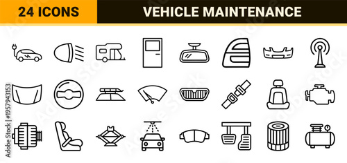 Automotive Repair and Vehicle Maintenance Minimalist Monoline Geometric Outline Icon Set for Car Mechanics and Transportation Logistics.