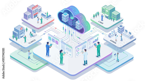 Isometric Healthcare Cloud Platform with Doctors Analyzing Medical Data, Hospital Network Connected to Digital Health SaaS System