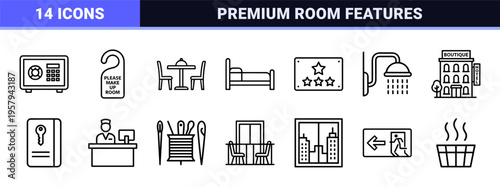 Hospitality and Hotel Service Amenities Linear Icons for Professional Travel Management and Guest Accommodation Digital Interface Design
