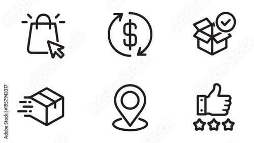 E-commerce icons representing online shopping, delivery, payment, and customer satisfaction, perfect for business and digital marketing