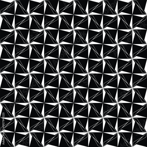 Japanese ninja shuriken star seamless pattern. Sharp geometric blades in black and white. Perfect for edgy apparel, stylish handkerchiefs, modern packaging, and creative backgrounds.