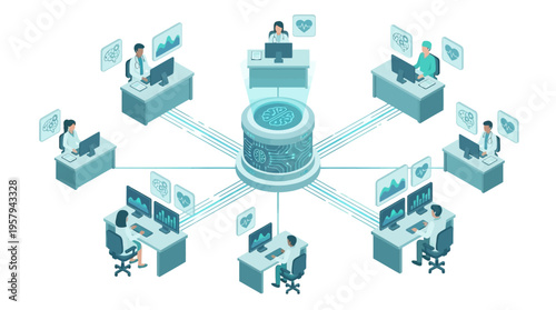 Isometric Healthcare SaaS Platform with Medical Professionals Analyzing Patient Data, AI Technology Network, Hospital Digital Transformation, Teal Blue Corporate Tech Illustration
