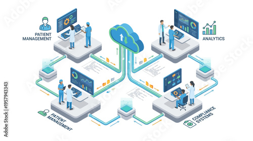 Isometric Healthcare Cloud Platform Medical Team Using Digital Patient Management System Data Analytics Telemedicine Technology Hospital Software Infrastructure