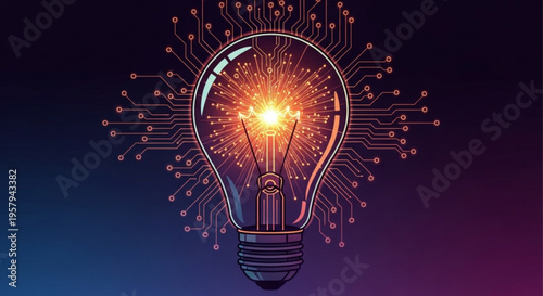Glowing light bulb with circuit board design and bright orange filament on dark gradient background