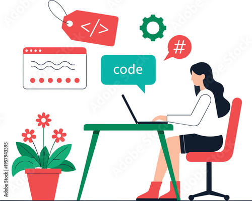 Female programmer coding on laptop at desk with development icons and code symbols flat vector illustration isolated on white background