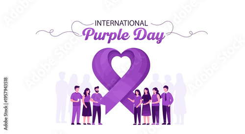 Illustration of people standing around a large purple ribbon for International Purple Day to raise epilepsy awareness with a purple theme on a white background.