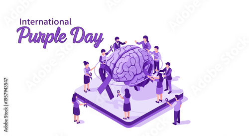 Illustration of people surrounding a purple brain on a square with a purple ribbon for International Purple Day to raise epilepsy awareness with a purple theme.