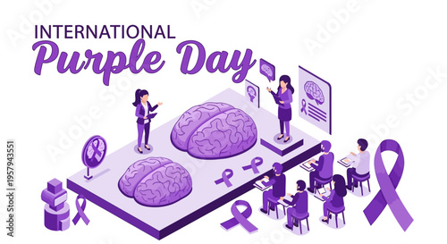 Illustration of people supporting epilepsy awareness with purple ribbon and brain graphics on International Purple Day for global health awareness campaign.