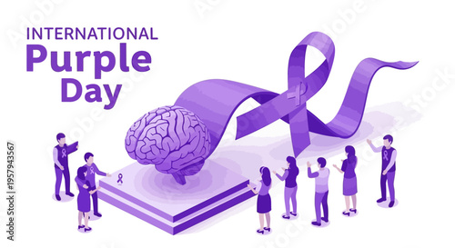 Illustration of people supporting epilepsy awareness with a purple ribbon and brain on a book for International Purple Day, promoting global health awareness with a purple theme.