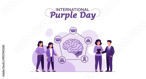 Illustration of four people standing around a purple brain diagram on International Purple Day for epilepsy awareness with a purple theme.