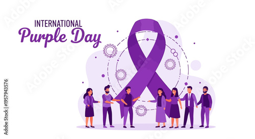 Illustration of people standing around a large purple ribbon on International Purple Day for epilepsy awareness with a purple theme.