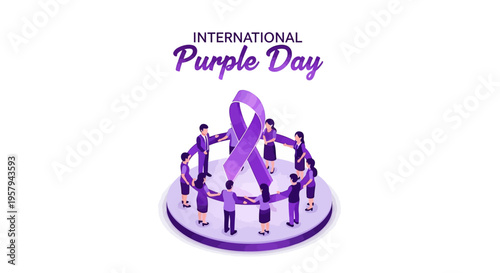 Illustration of people forming a circle with a purple ribbon for International Purple Day to raise epilepsy awareness with a purple theme.