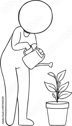 A simple black and white line art drawing of a faceless stick figure watering a potted houseplant