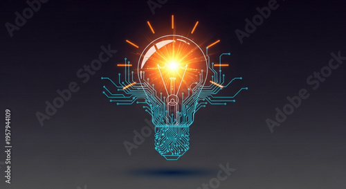 Glowing lightbulb with circuit board design and bright orange light on dark background symbolizing innovation and creativity in technology