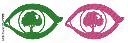 Two stylized eyes, one green and one pink, framing a silhouette of a tree with a crescent moon