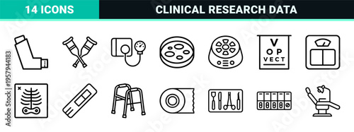 Modern Healthcare and Pharmaceutical Research Monoline Outline Icons for Biotechnology and Clinical Diagnostics