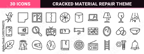 Damage and Fracture Minimalist Line Art Symbols for UI Design and Technical Documentation of Broken Infrastructure or Fragile Items
