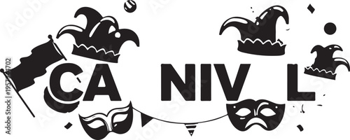 Black and white graphic design featuring jester hats and carnival masks for a festive celebration