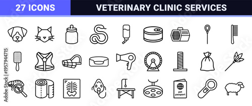 Veterinary Clinic and Pet Care Equipment Minimalist Line Icon Set Featuring Animal Health Medical Tools and Grooming Supplies in a Clean Style