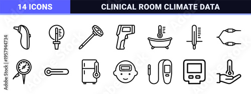 Medical Diagnostic Thermometer and Temperature Measurement Outline Icons for Healthcare Monitoring and Environmental Climate Control Systems