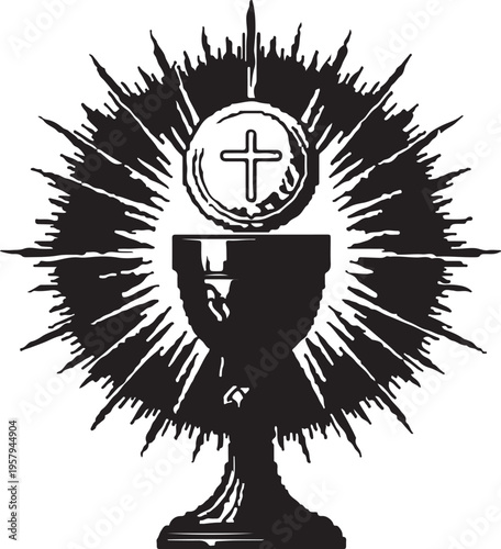 A black and white graphic illustration featuring a christian eucharist chalice and host symbol