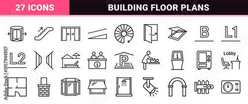 Modern Architecture and Interior Wayfinding Navigation Symbols. Minimalist Technical Monoline Geometric Line Art for Building Floor Plans.