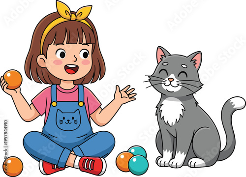 Cute Cartoon Little Girl Playing with Happy Grey Cat and Colorful Balls Isolated on White Background for Children Book Illustration and Pet Care Design