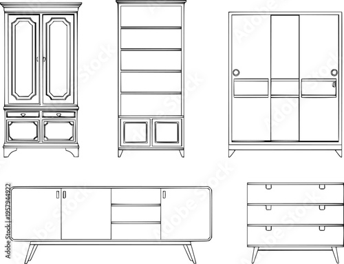 Collection of line furniture pieces including a cabinet bookcase dresser and sideboard