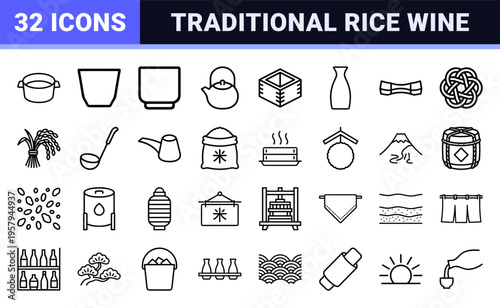 Authentic Japanese sake culture and nihonshu service equipment Minimalist monoline geometric line art for hospitality design and menus