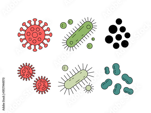 Collection of stylized microscopic organisms including viruses and bacteria in red green and blue