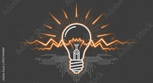 Innovative light bulb with electric circuit and glowing orange rays on dark background symbolizing creativity and idea generation