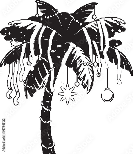 A festive palm tree silhouette decorated with holiday ornaments and streamers for a tropical xmas