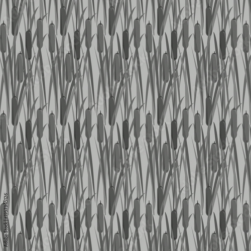 Abstract grayscale bulrush and reed silhouette pattern for natural wetland themes and organic botanical wall art background
