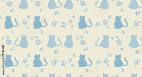 A simple and clean repetitive pattern of sitting blue cat silhouettes and tiny paw prints on a light beige background